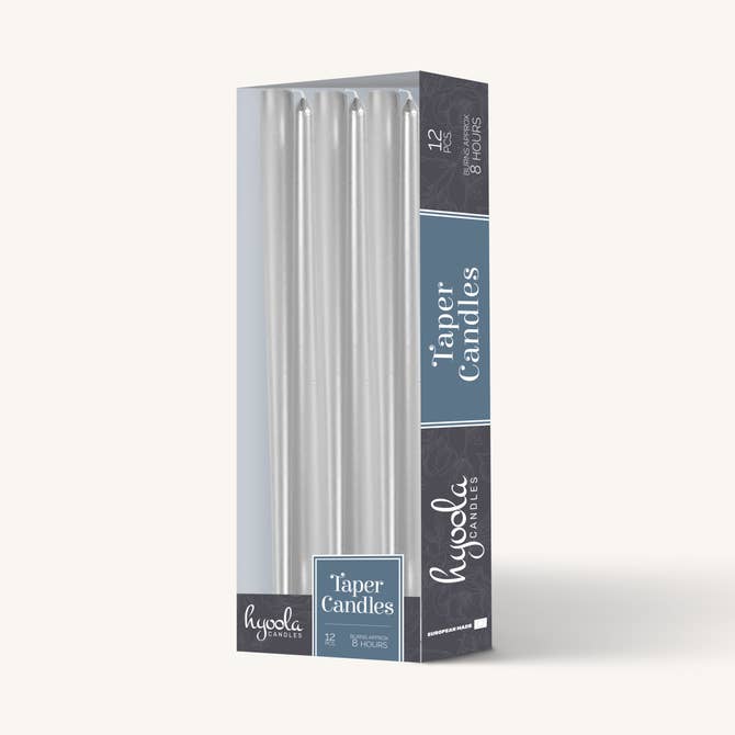 Metallic Silver Taper Candles - 10 Inch - 12 Pack